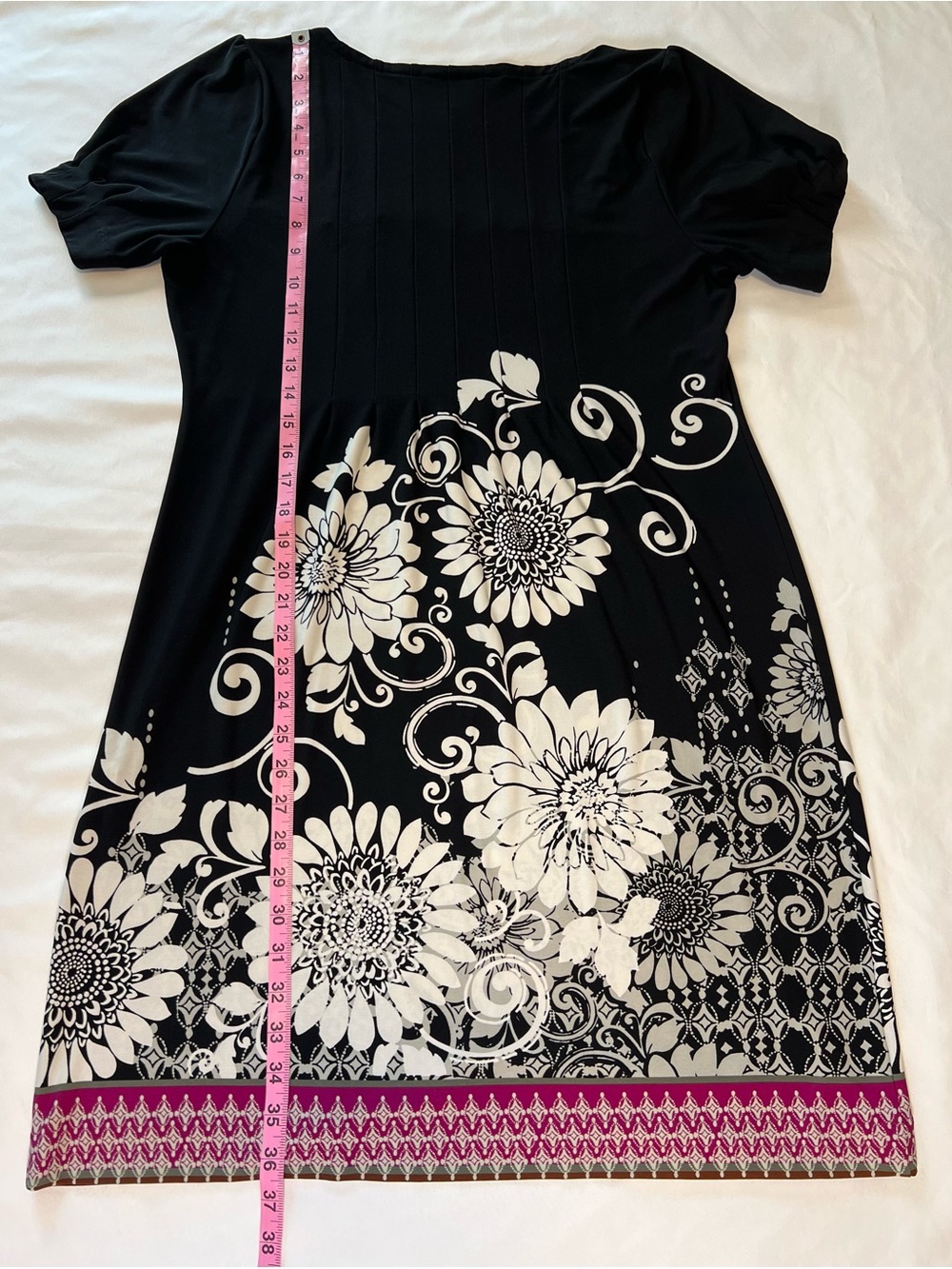 Ice Black Midi Dress with White Floral Print & Pink Border Square Neckline Sz 14 - Picture 14 of 14